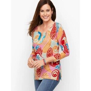 Talbots 100% Cotton Jungle Paisley V-Neck Pullover Sweater 3/4 Sleeve Sz Small